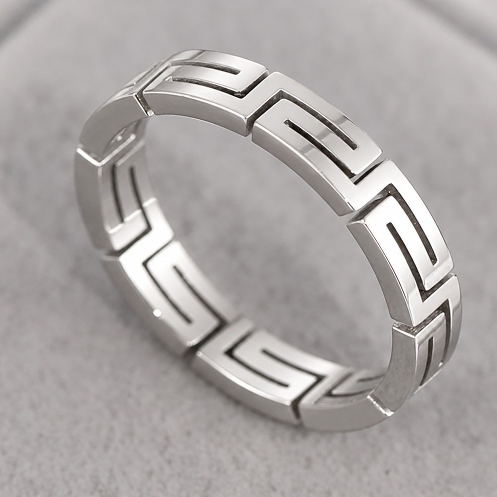 Silver Titanium Steel Greek Key Meander Band Ring Geometric Maze Design Size 5